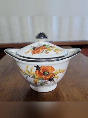 Vintage Sebring Co. Floral Covered Sugar Bowl - Orange Poppy Design. (116)